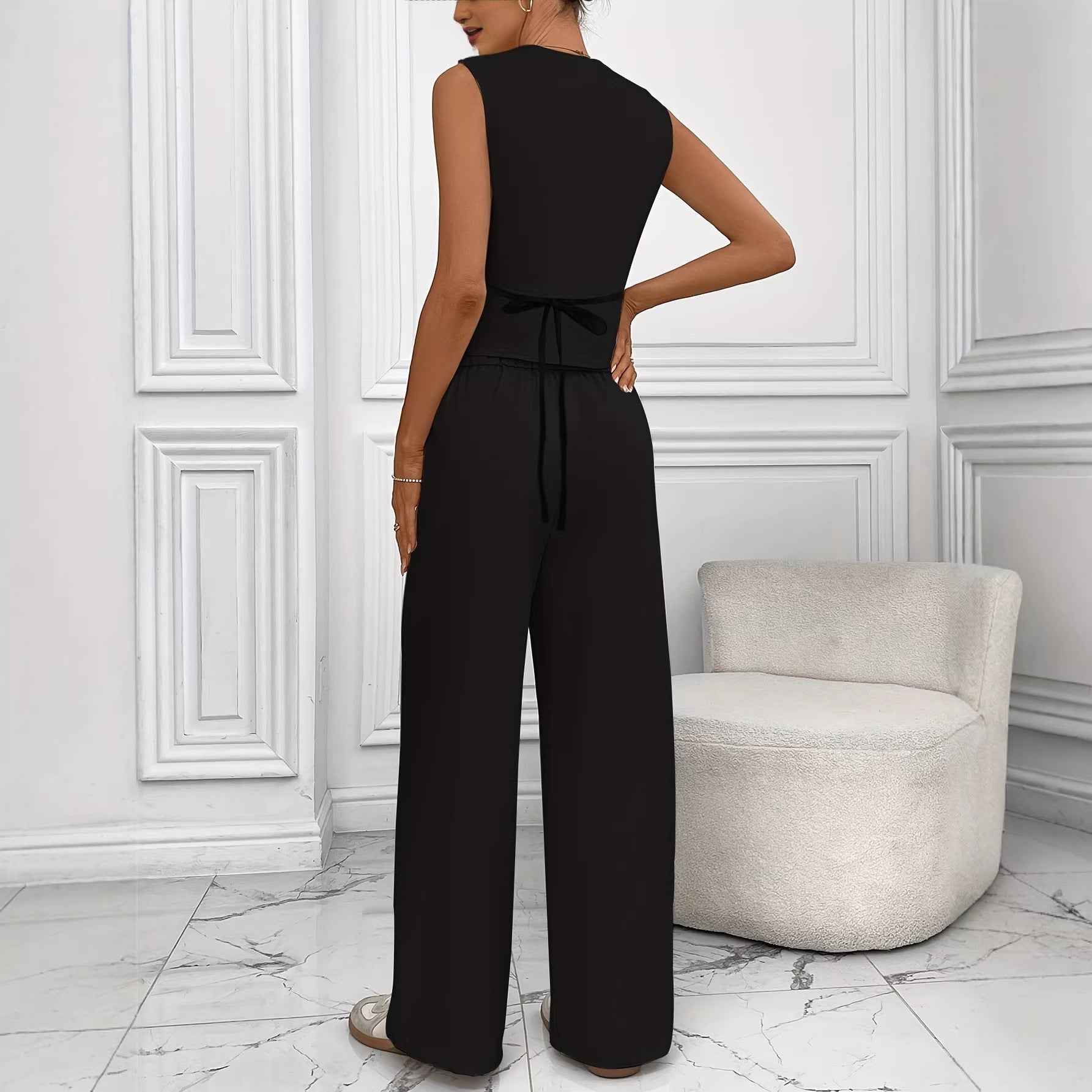 Buttoned Sleeveless Vest & Wide-Leg Trousers Set — Elegant Workwear