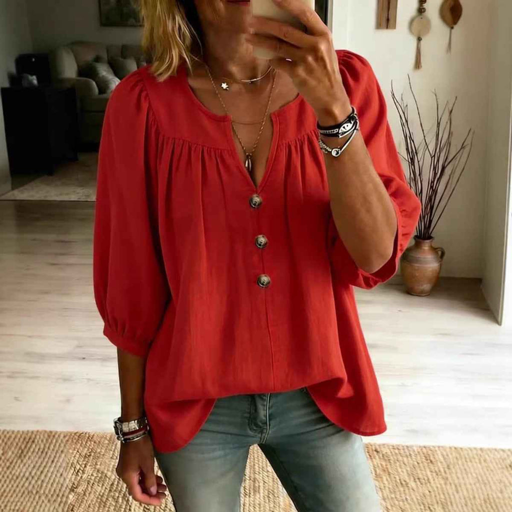 Linen Loose-Fit Buttoned T-Shirt