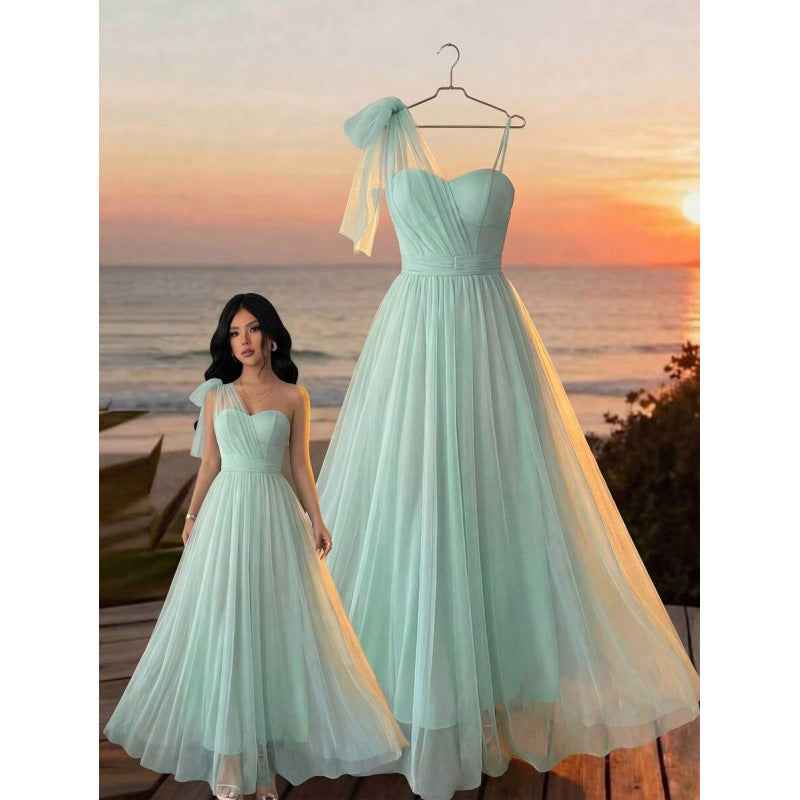 Womens Sleeveless Sheath Dress With Mesh One-Shoulder Design And Lace-Up Waist