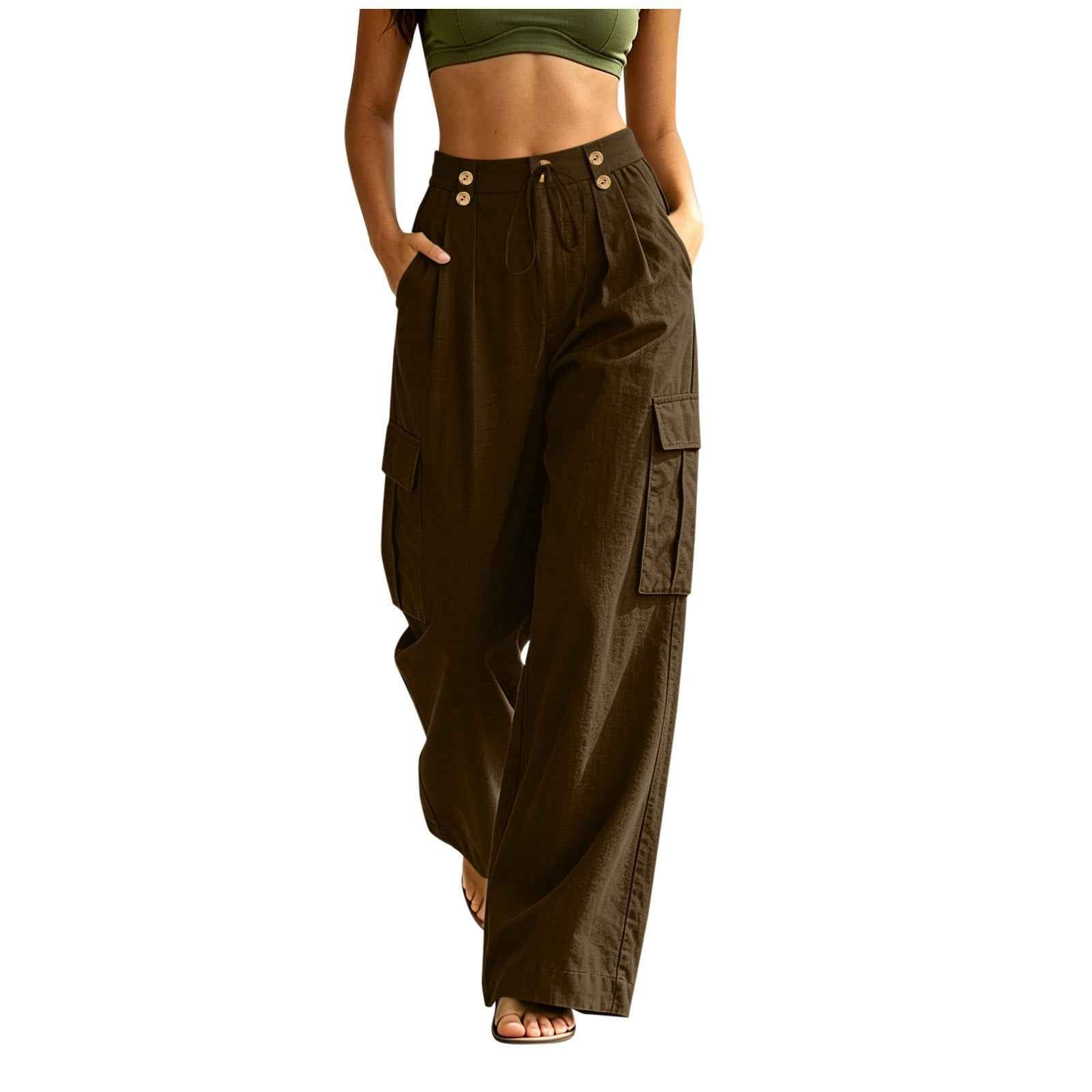 Cotton-Linen Drawstring Straight-Leg Pants – Mid-Rise with Pockets