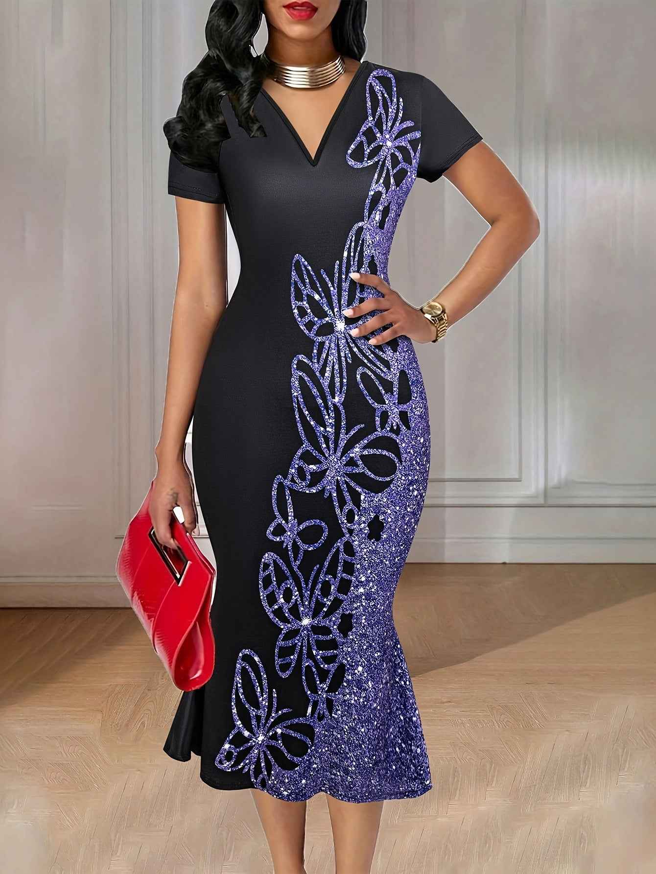 Women's Floral Short-Sleeve Sheath Midi Dress — 4 Colours