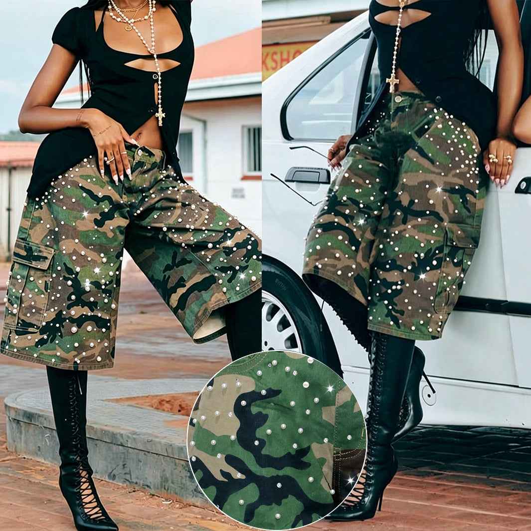 Women's Camouflage Cargo Capri Pants — Pearl & Rhinestone Detail