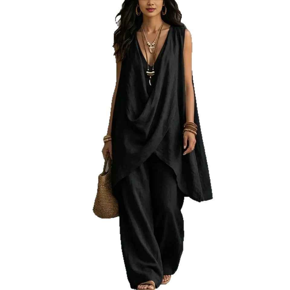 Cotton-Linen Pleated Sleeveless Cardigan & Trousers Artistic Resort Two-Piece Set