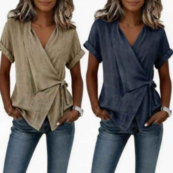 Women’s Lapel Lace-Up Short-Sleeve Top – Casual Colour-Block | One Size