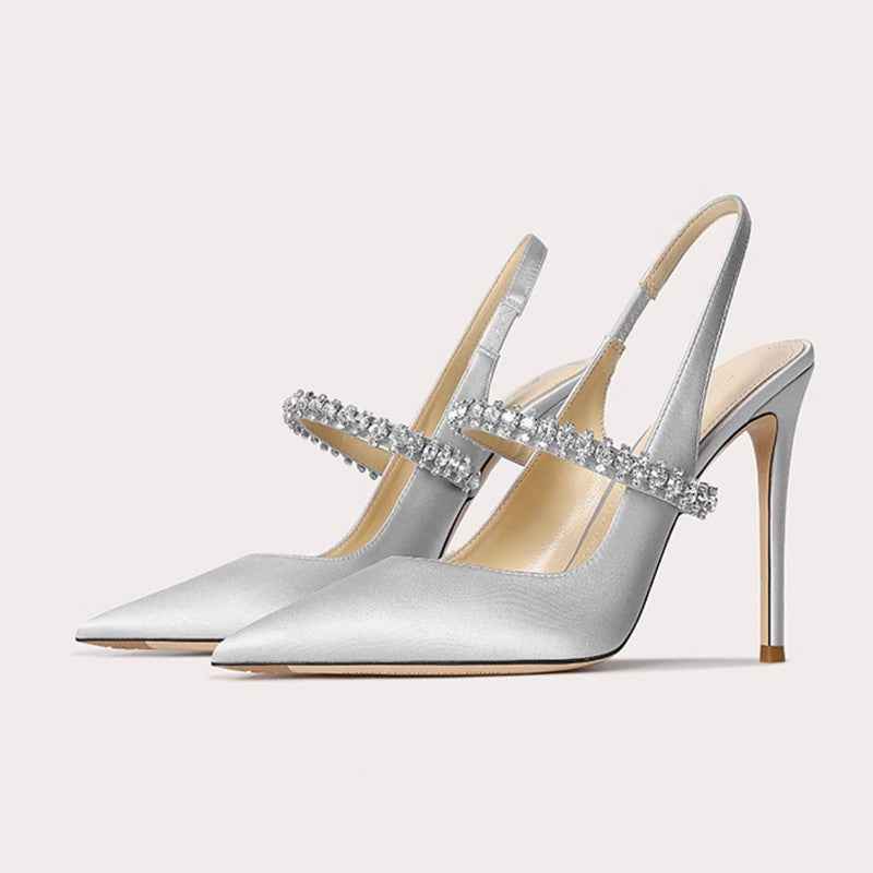 Satin Rhinestone Stiletto Heels — Ankle Strap, Pointed Toe, 3 Heights