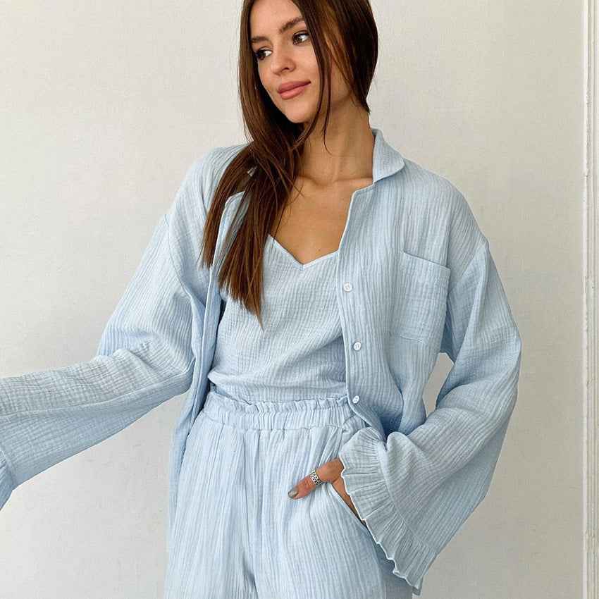 New European And American-style Fashion 3-piece Set Long-sleeve Top Trousers And Suspender Straps