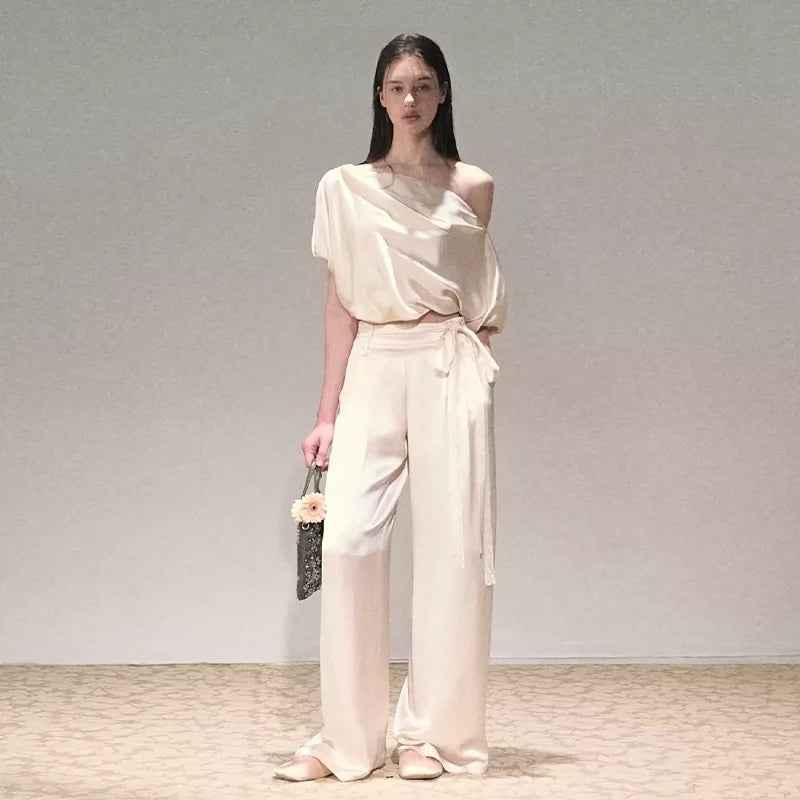 Two-piece Set Off-shoulder Top With Lace Belt And Wide-leg Pants