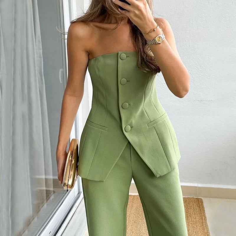 Off-Shoulder Blazer, Tube Top & Wide-Leg Trousers Set for Women