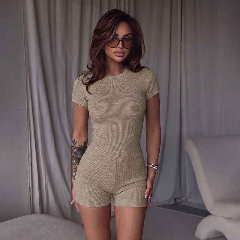 Womens Crew-neck Waist-cinched Short-sleeve Top And Shorts Set