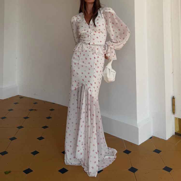 White Floral Print Peplum Top & Mermaid Maxi Skirt Set