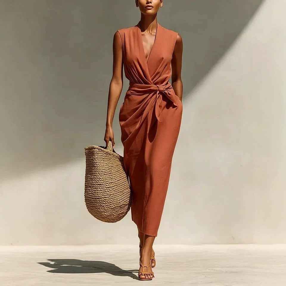 Sleeveless Adjustable-Waist Pleated Linen Slim-Fit Midi Dress