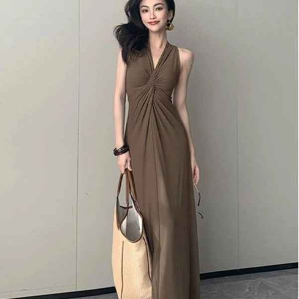 Women's Brown Sleeveless A-Line Maxi Dress — High Waist & Patchwork Detail