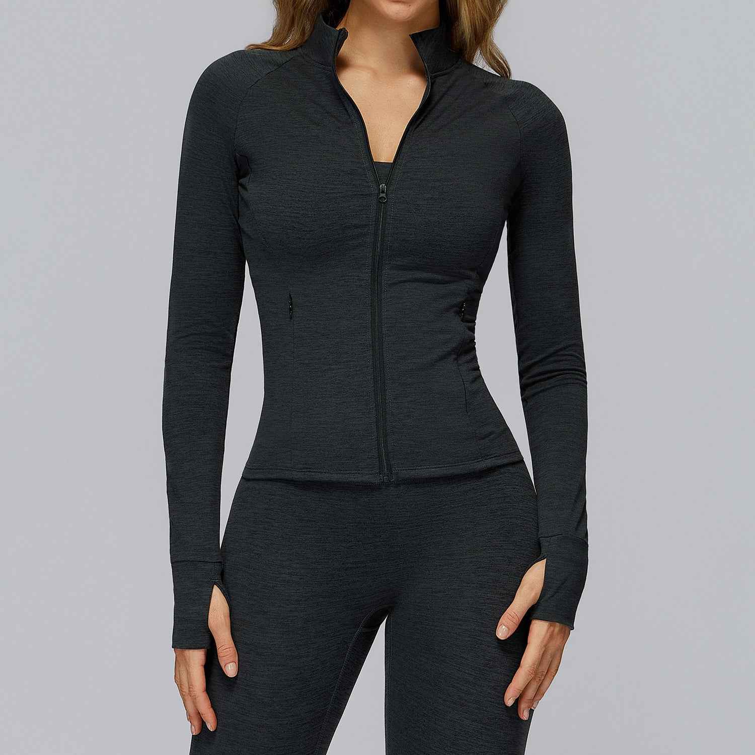 Brushed Long-sleeve Jacket With Zip Pockets Quick-drying And Form-fitting