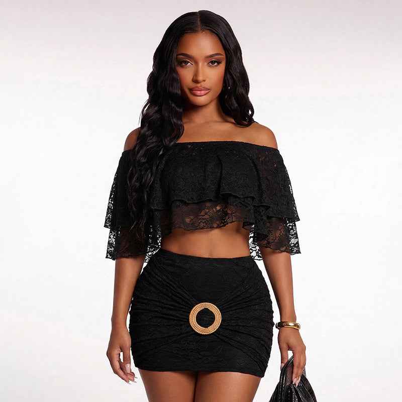 Off-Shoulder Lace Floral Crop Top & Sheath Skirt Set – Women’s Two-Piece