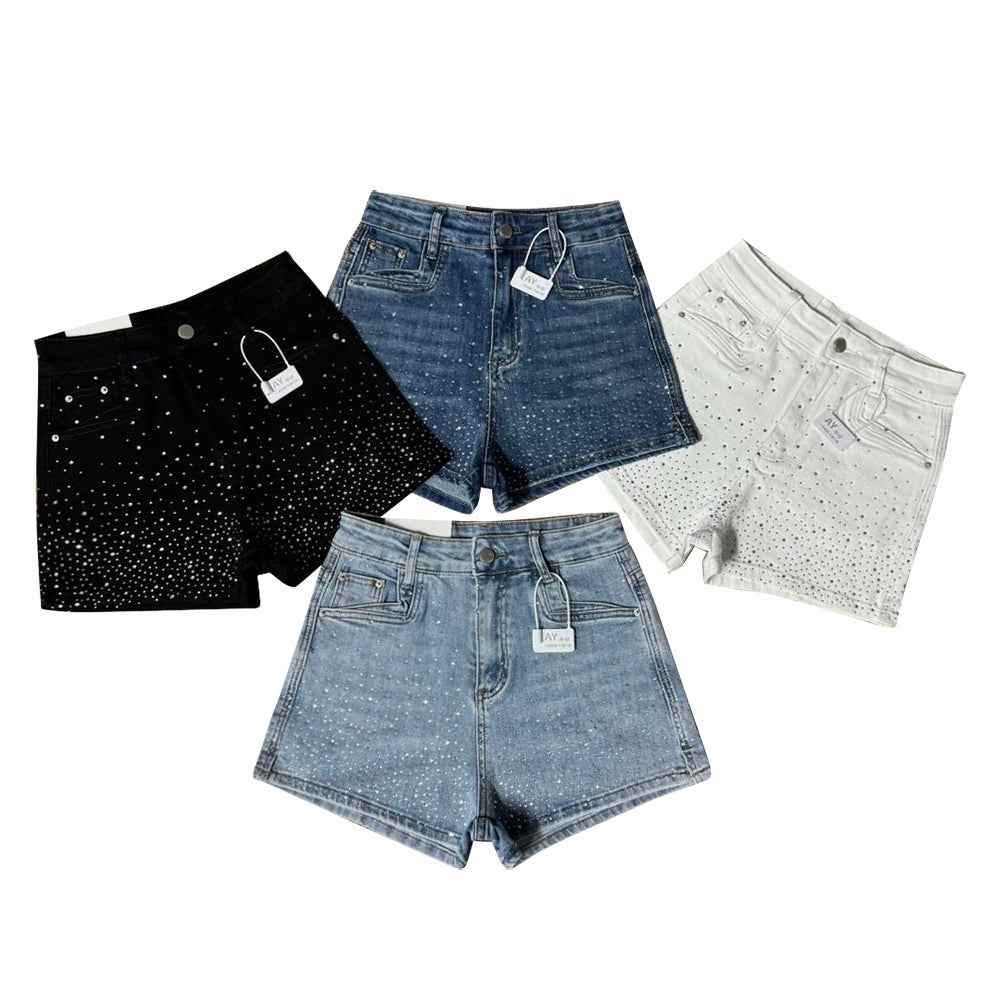 High-Waisted Rhinestone Denim Shorts – Vintage Wash Stretch Denim