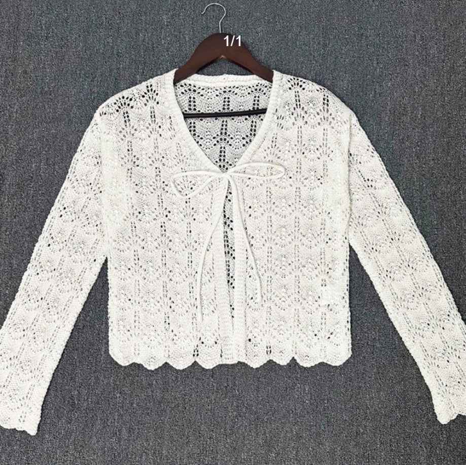 Hollow-Out U-Neck Tie-Up Top — White