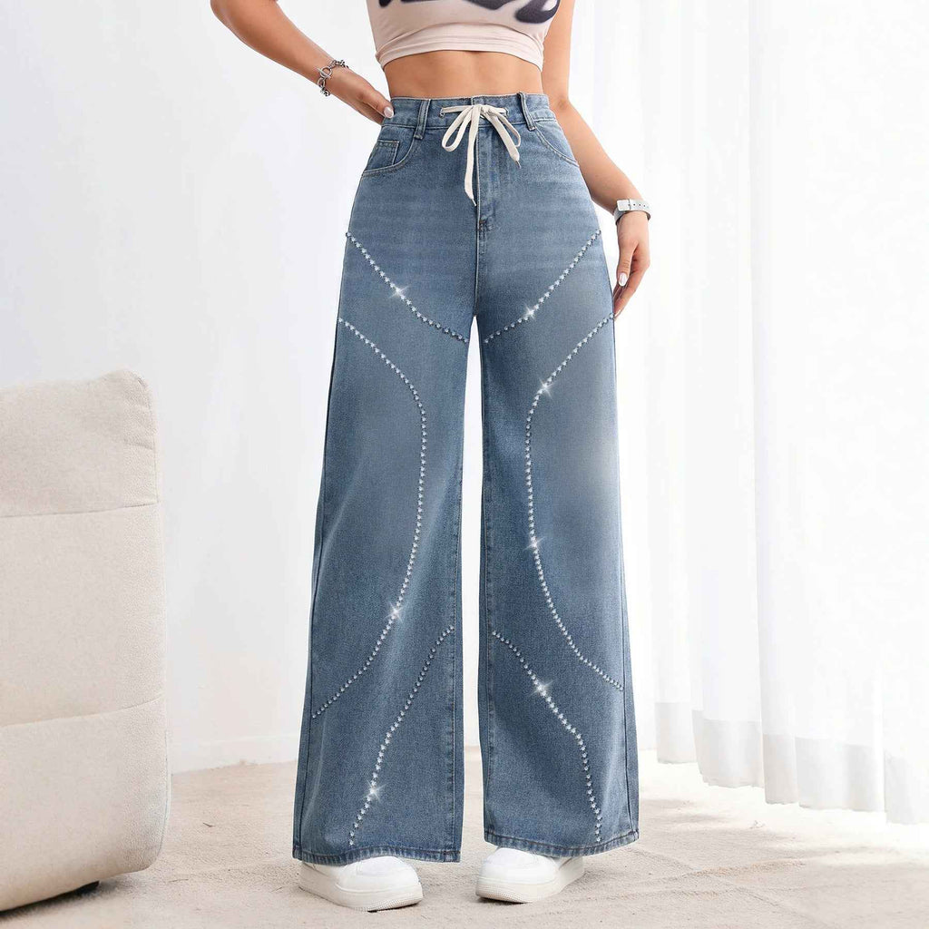 Women's Vintage Washed High-Waist Straight-Leg Denim Jeans with Lace-Up & Beadwork
