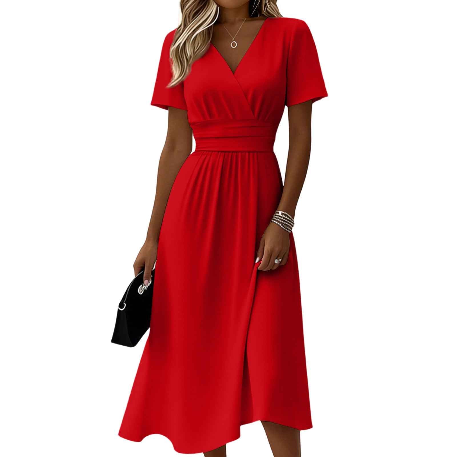 A-Line Pleated Midi Dress – V-Neck, Short Sleeve, High Waist, 14 Colours