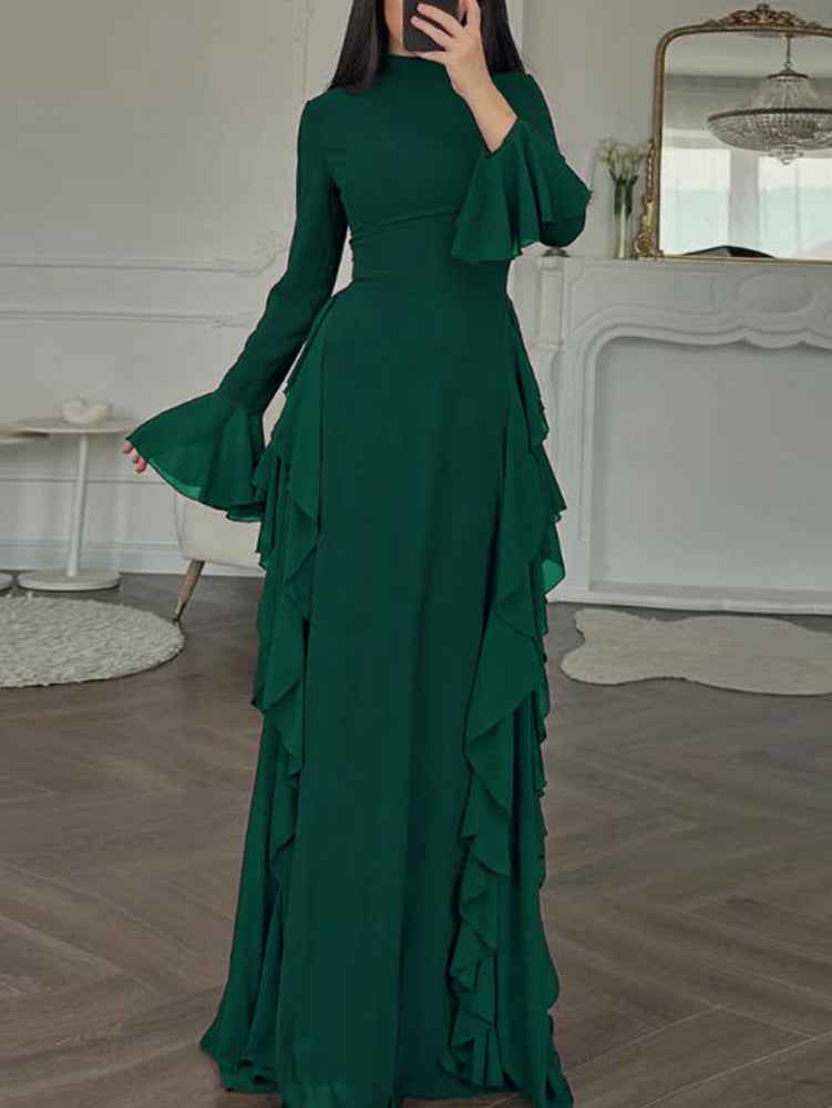Mock Neck Flare Sleeve Ruffle Trim Solid Maxi Evening Dress