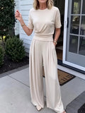 Loose Crew-Neck Tee & Wide-Leg Pants Set with Pockets