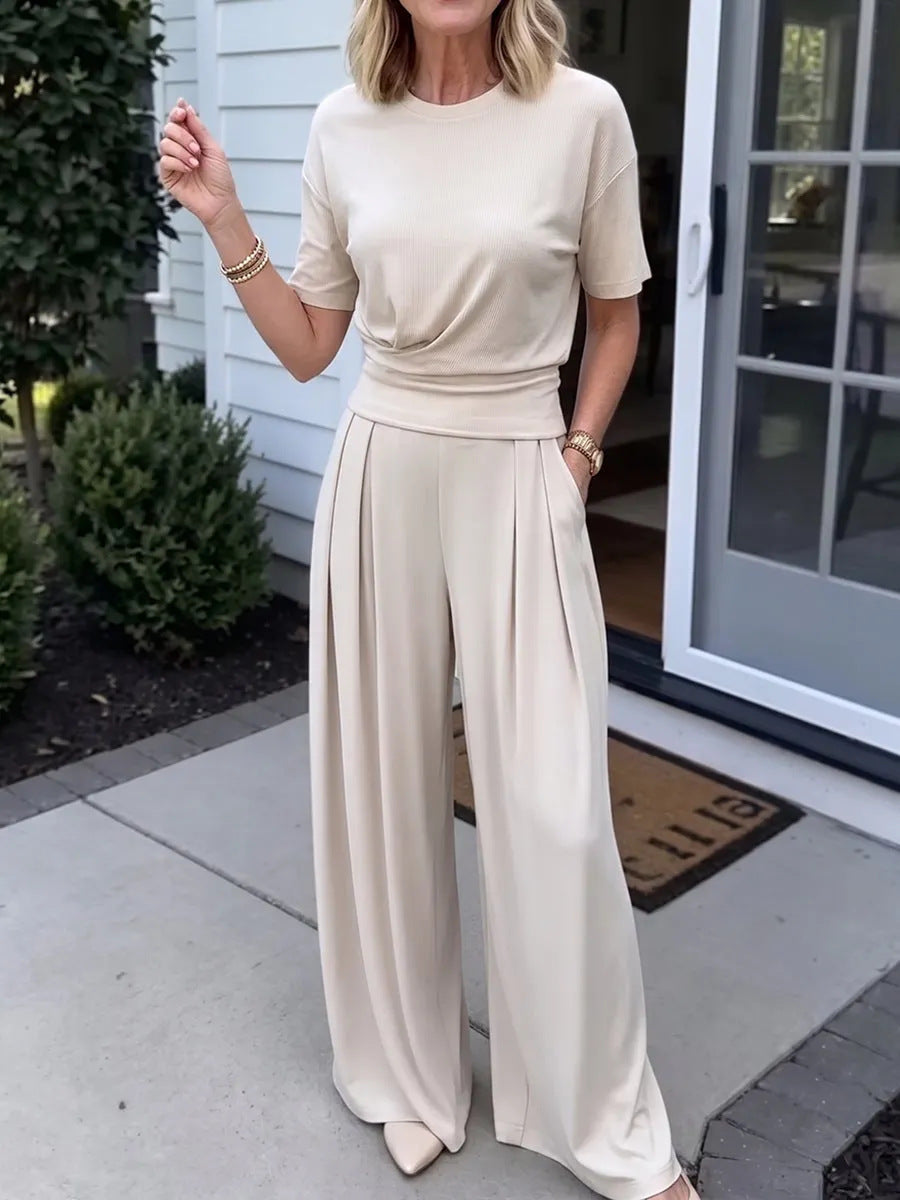 Loose Crew-Neck Tee & Wide-Leg Pants Set with Pockets