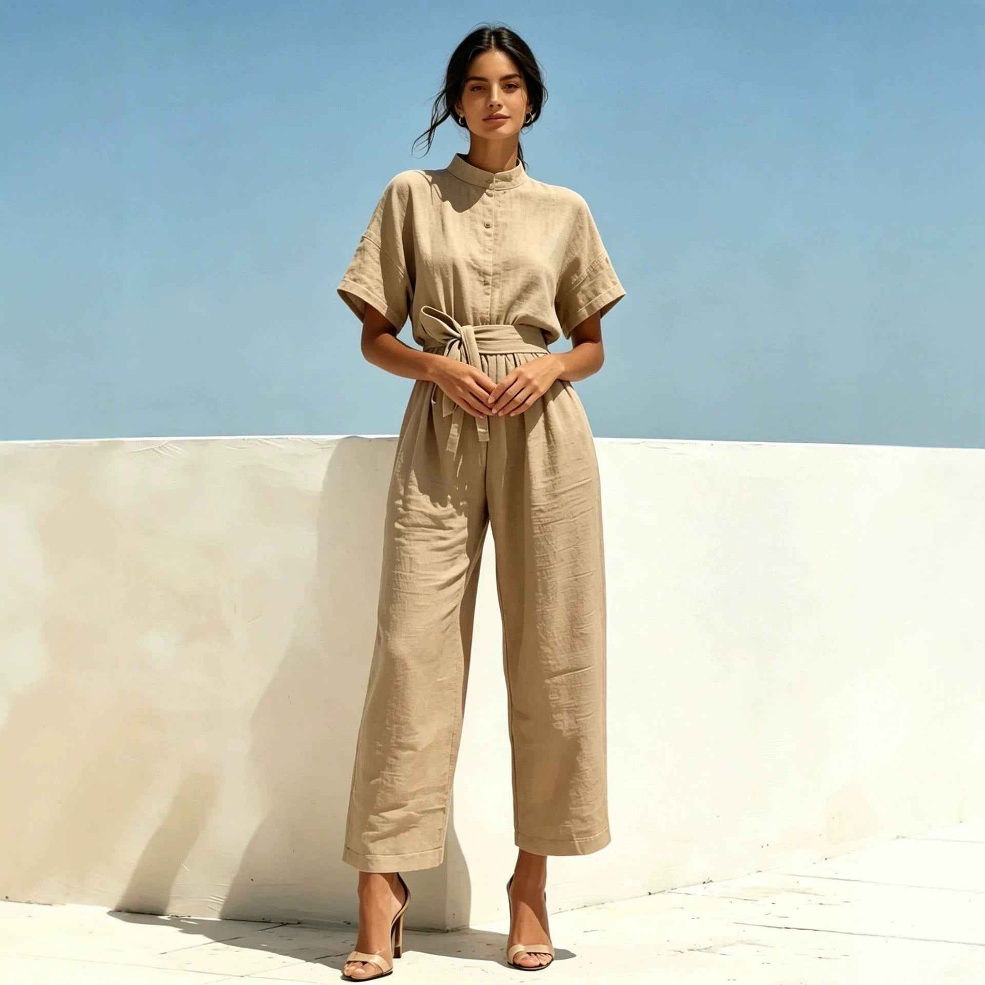 Wide-Leg Jumpsuit with Mock Neck & Tie Detail