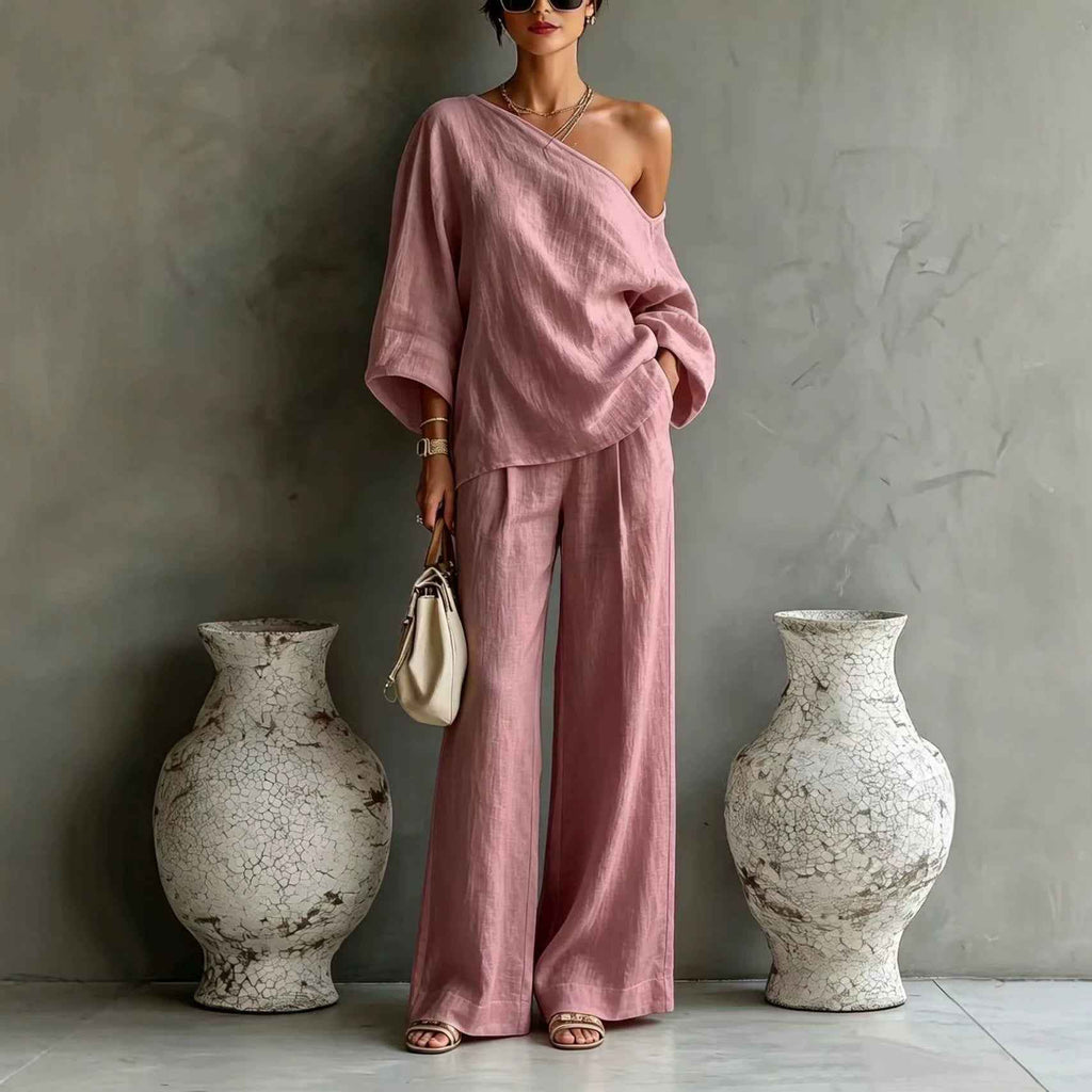 Off-Shoulder Knit Top & Wide-Leg Pants Set — 11 Colours