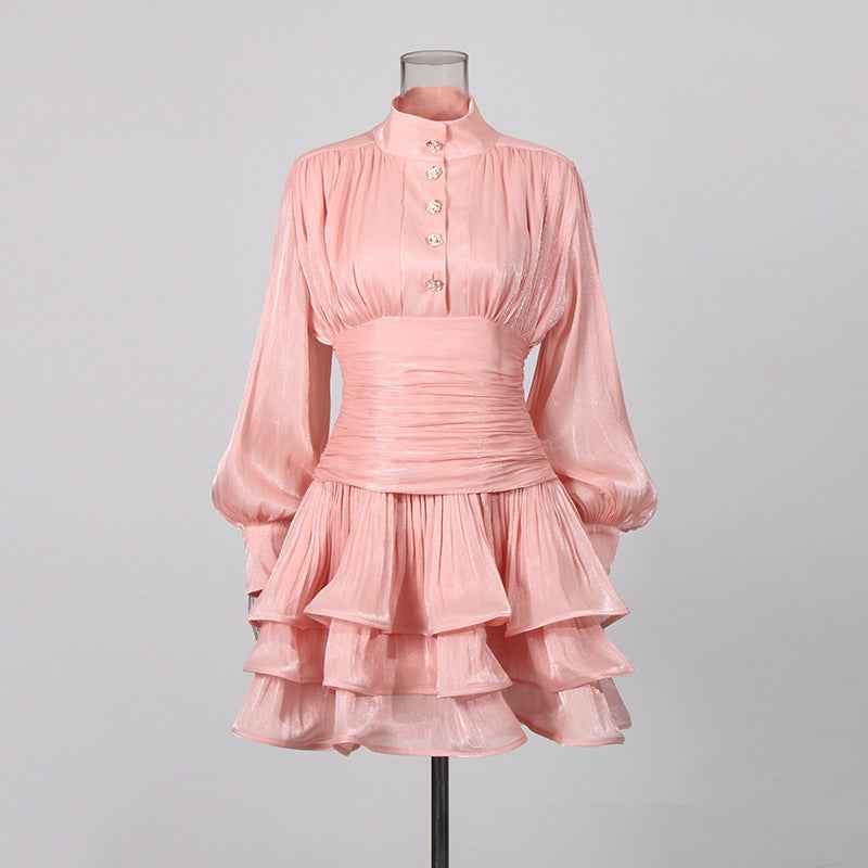 High-Waist Puff-Sleeve Ruffle Hem A-Line Mini Dress
