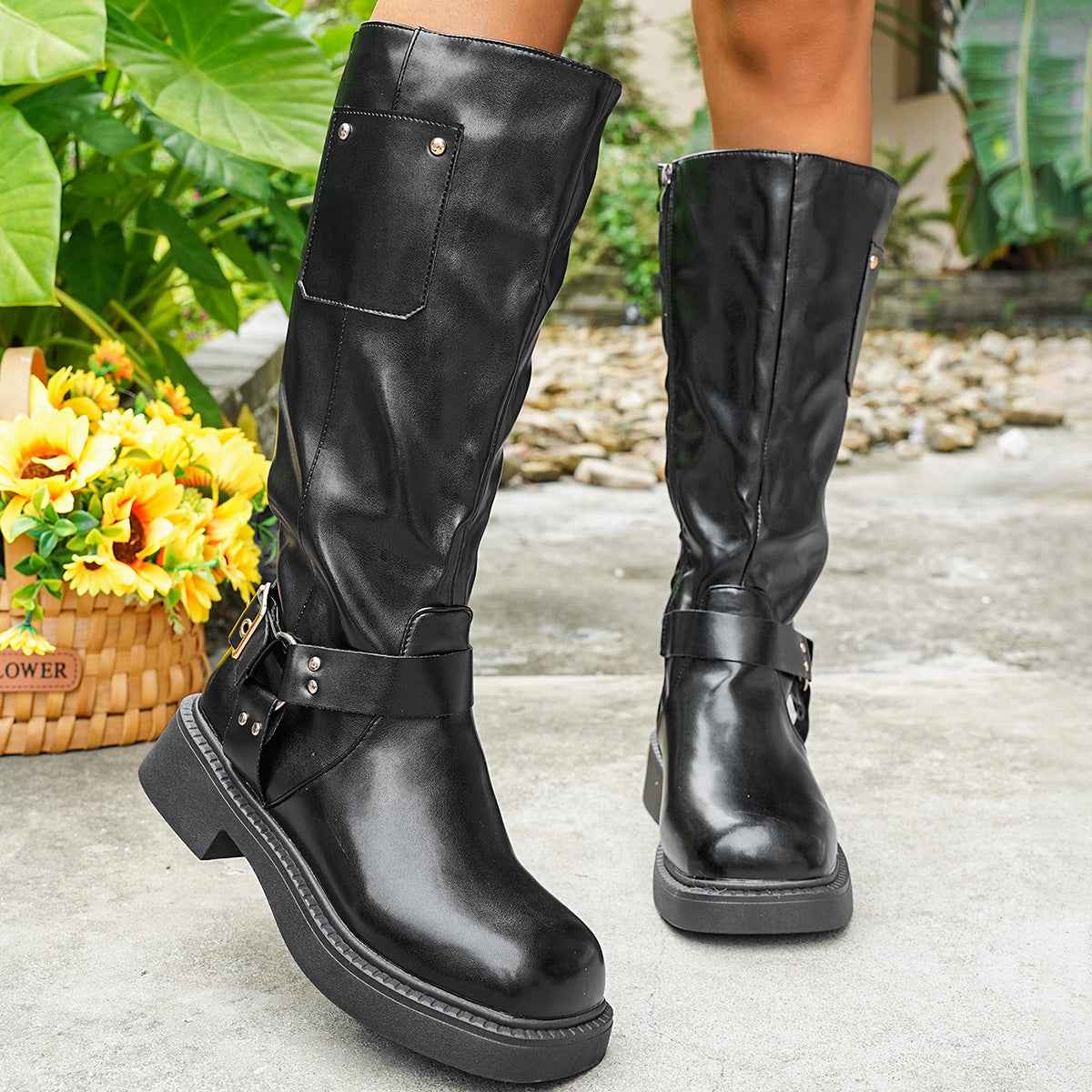 Chunky Heel High-Top Boots — Belt Buckle, Side Zip, British Style