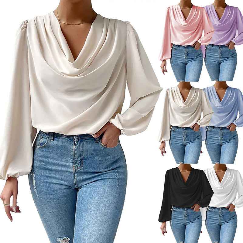 Chiffon Balloon-Sleeve Top — Ruffle Trim Pullover