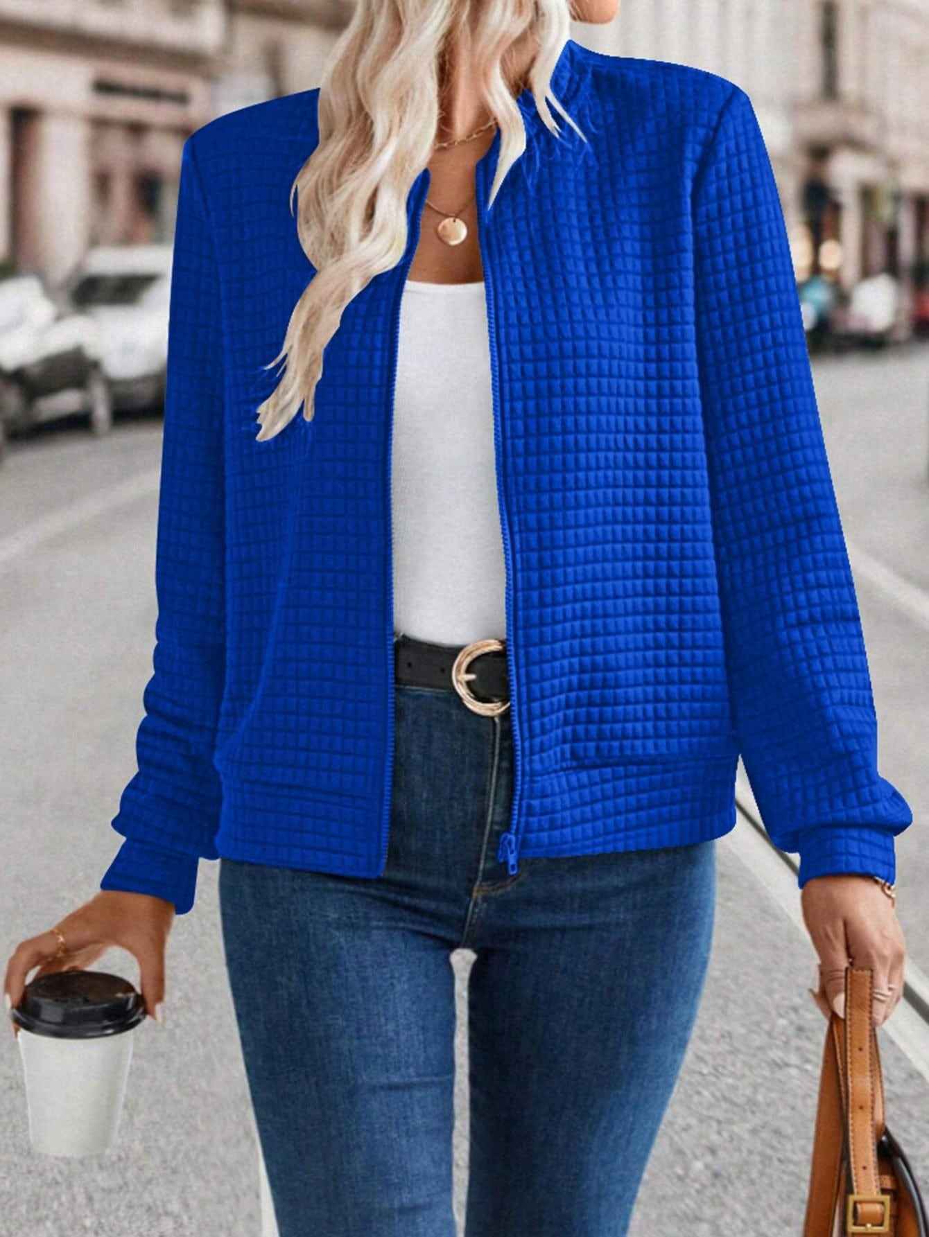 Women's Long Sleeve Zip-Up Solid Color Decorative Cardigan, Solid Casual Outerwear For Ladies