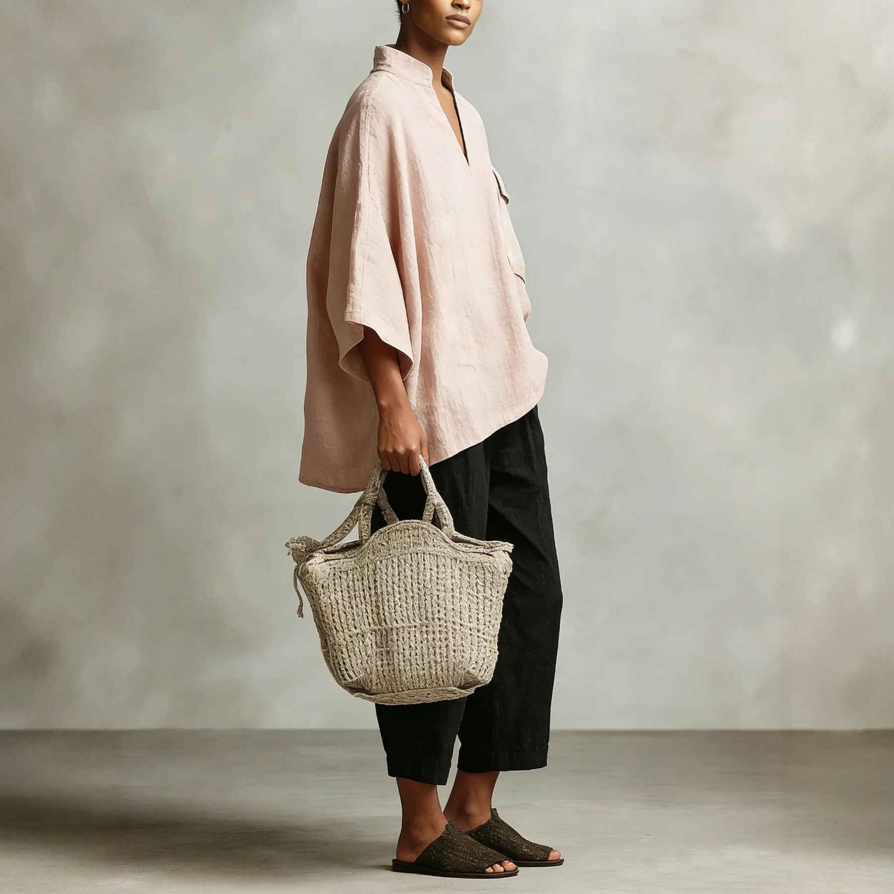 Cotton Linen Batwing Sleeve Shirt – Relaxed V-Neck with Pockets