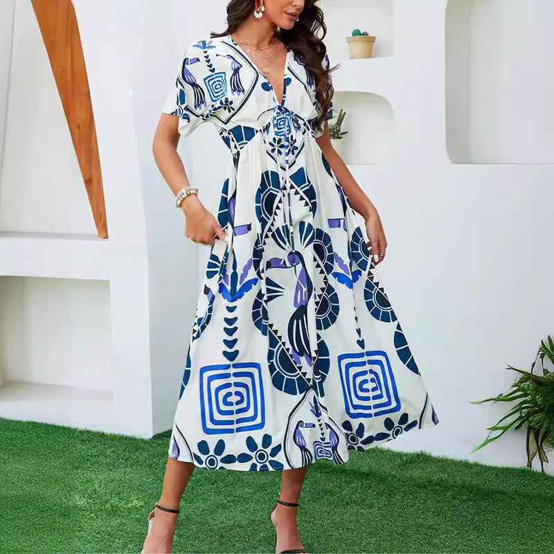 Womens Short-Sleeve Geometric-Print High-Waist Long Dress