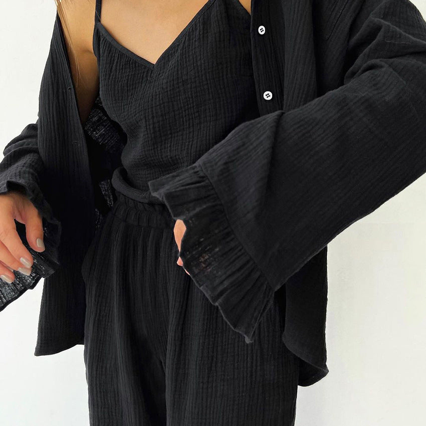 Cotton 3-Piece Loungewear Set — Vest, Coat & Trousers