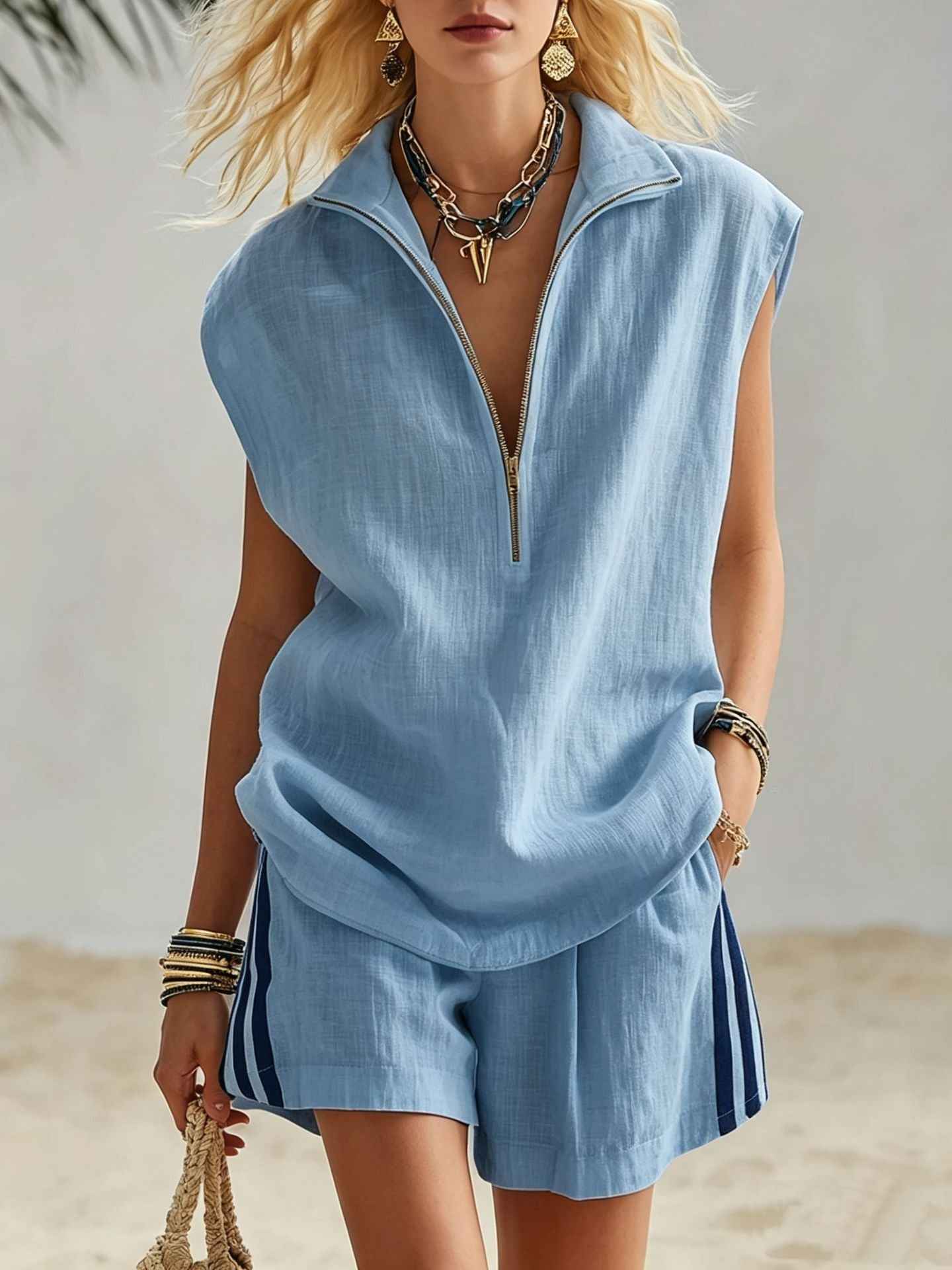 Sleeveless Patchwork Linen Top & Shorts Set – Summer Co-ord