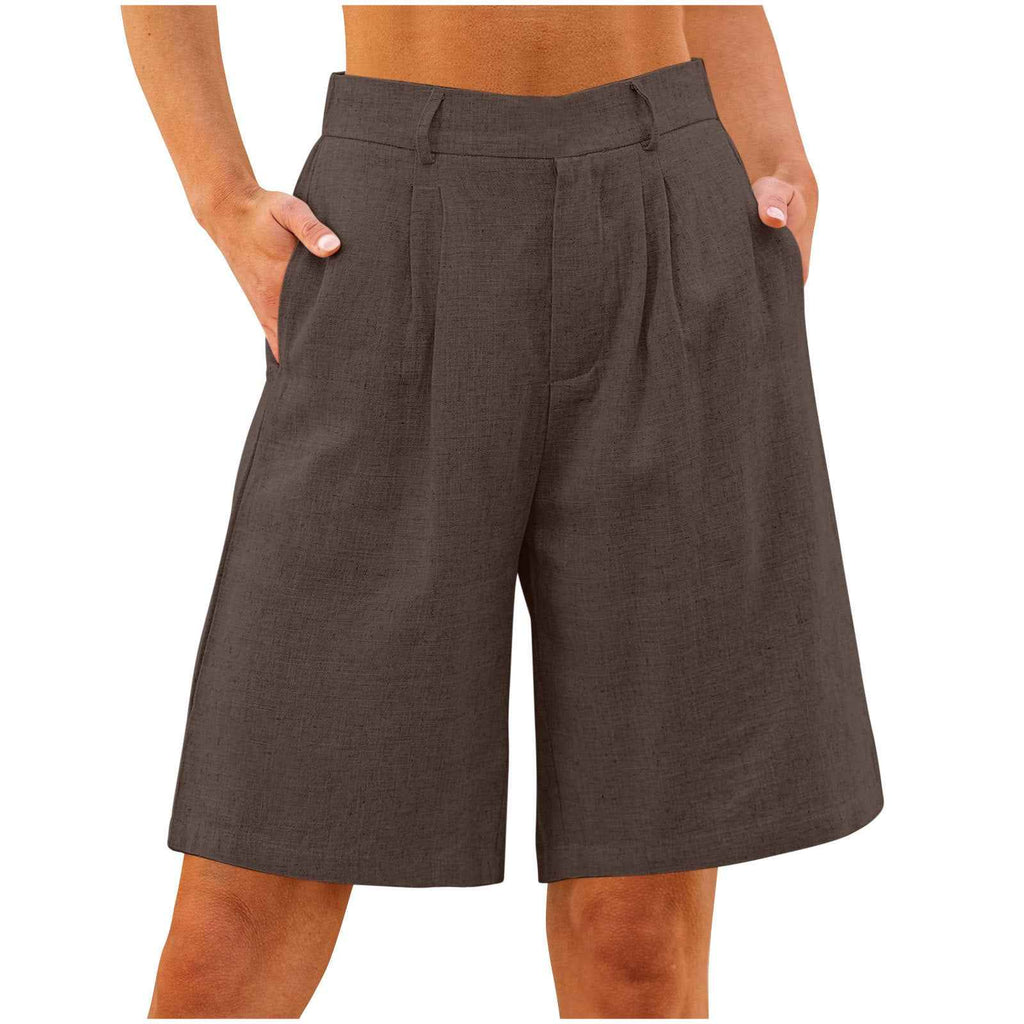 Cotton-Linen Solid-Color Loose-Fit Straight Cropped Pants With Pockets
