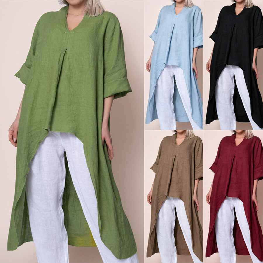 Womens Solid-Color V-Neck Asymmetric Long-Sleeve Shirt