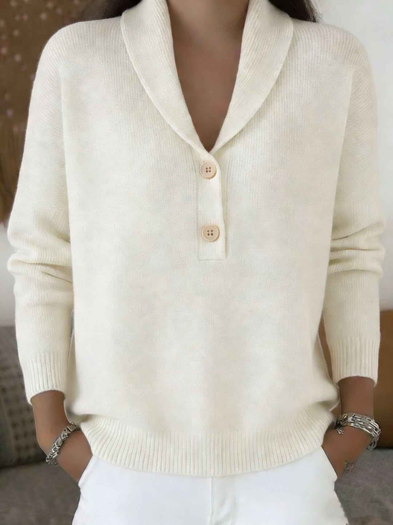 Polo Neck Knit Sweater – Loose Fit Button Detail Pullover
