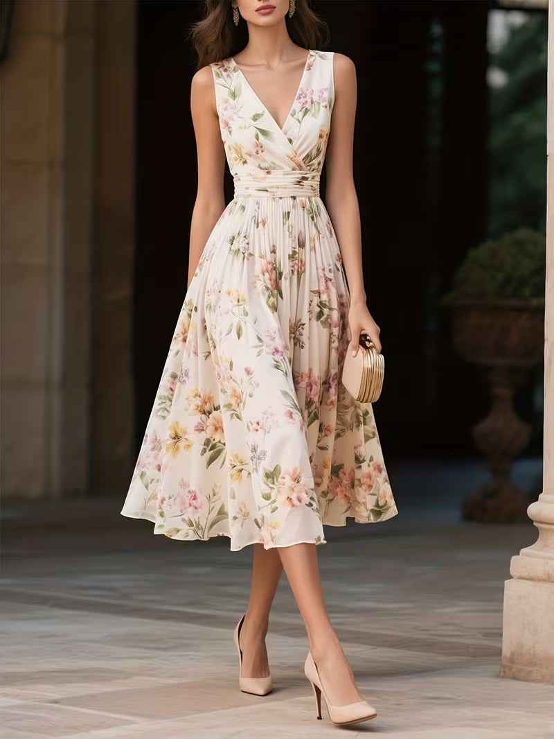 Women's Floral Print V-Neck Waisted Midi Dress — 4 Prints, S–2XL