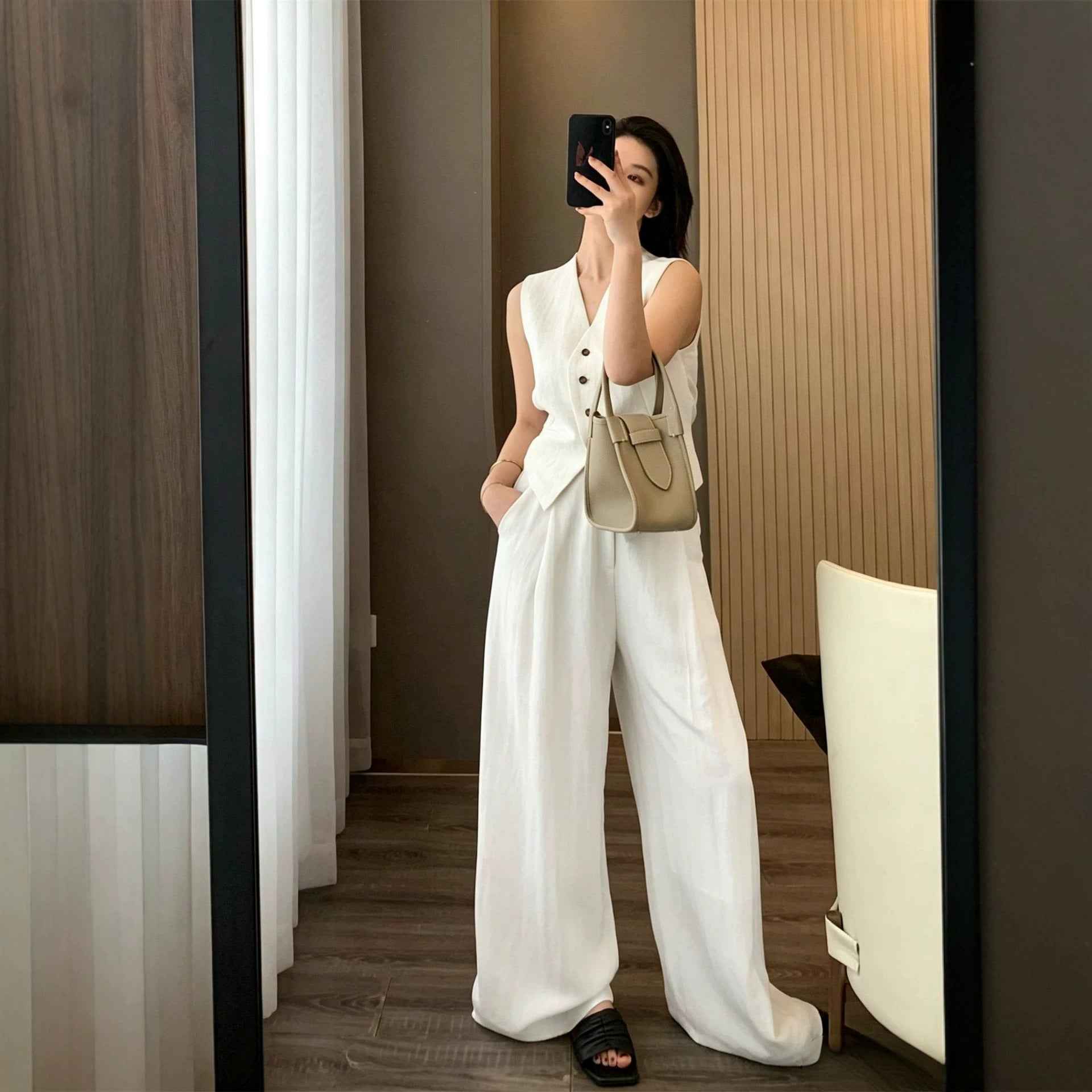 Linen Tencel Vest And Wide-leg Long Pants Two Pieces Set