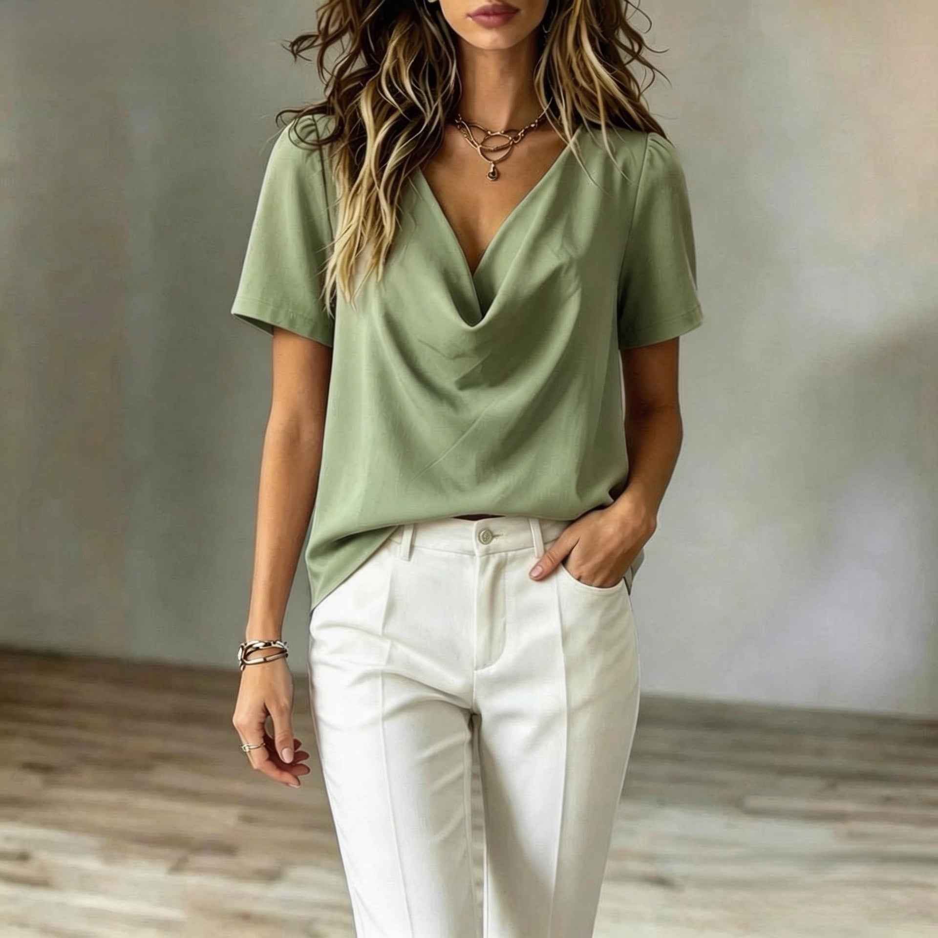 Women's V-Neck Chiffon Top – Short Sleeve, Loose Fit, Midi Length