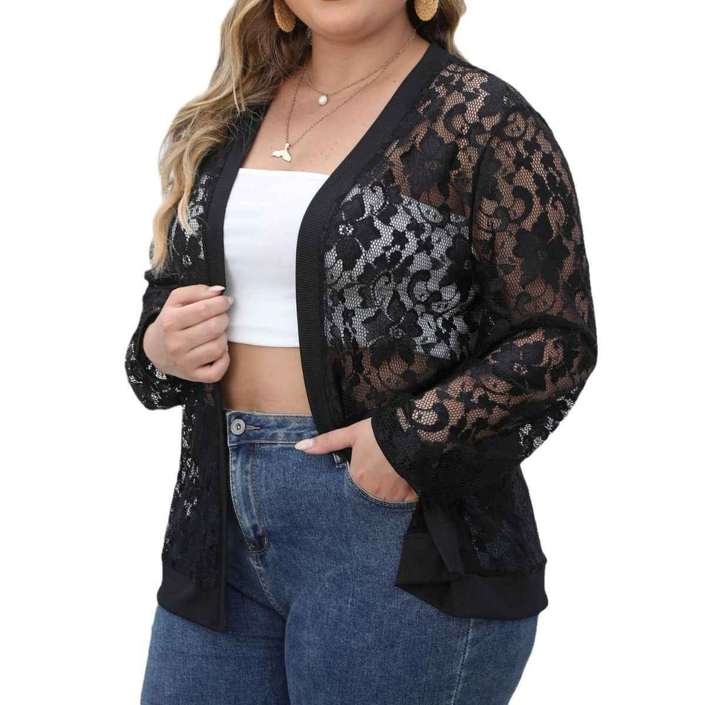 Sheer Mesh Open-Front Cardigan — Lace Ribbed Trim, Long Sleeve
