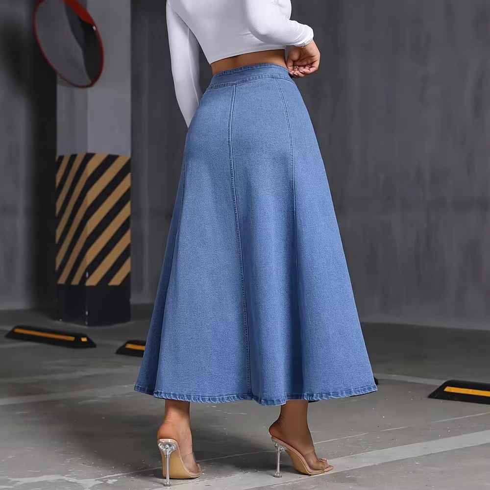 Womens Solid-Color Buttoned Hem Denim Skirt