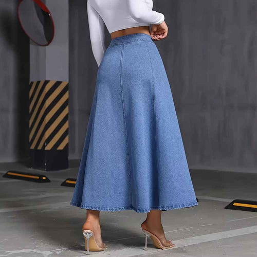 Womens Solid-Color Buttoned Hem Denim Skirt