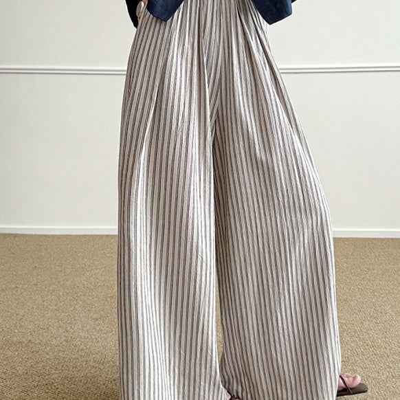 Simple Vertical-striped Casual Pants For Women Relaxed And Loose-fitting