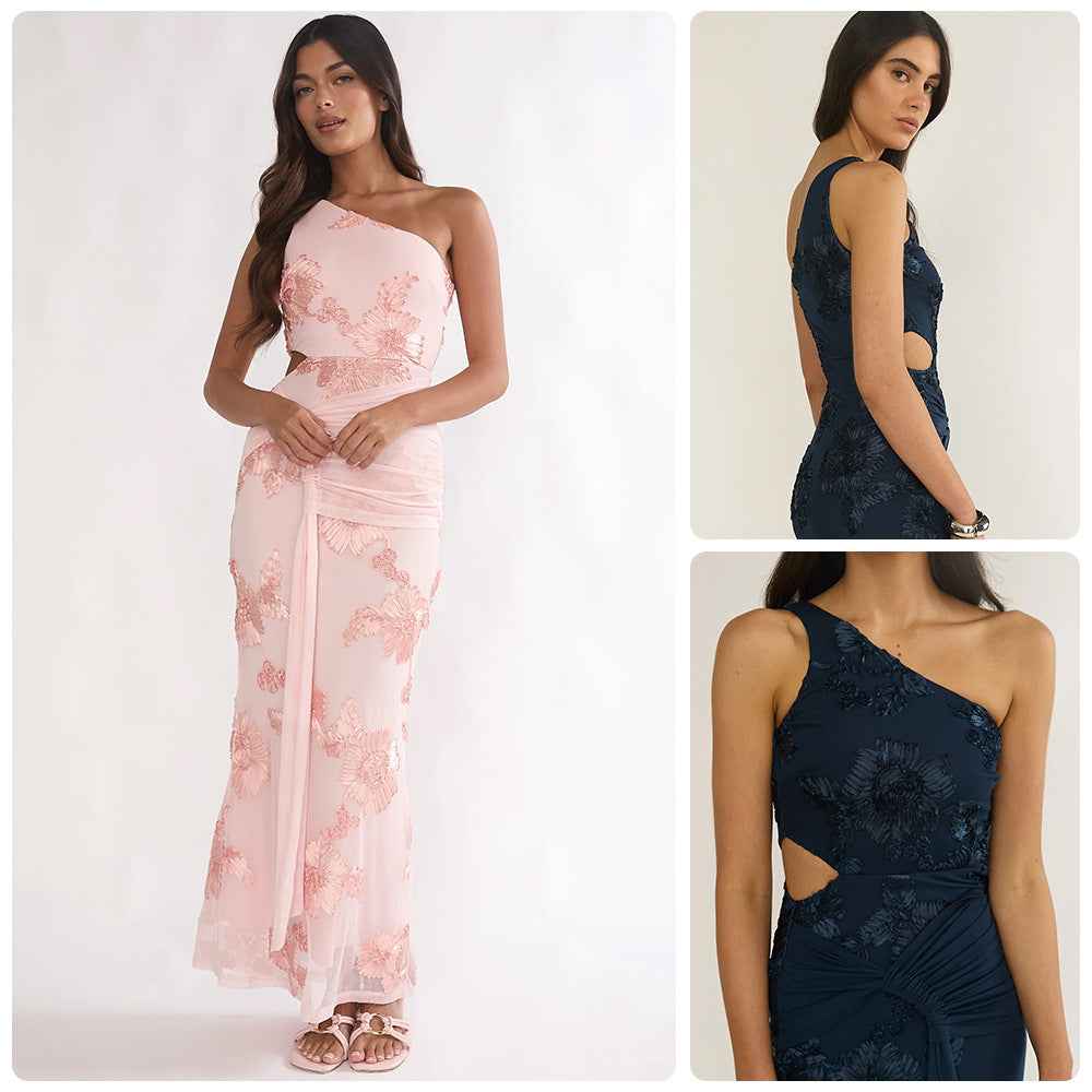 One-shoulder Floral-embroidered Dress With Waist Pleating And A Draped Silhouette