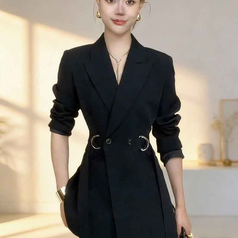 Lace-Up Tie Blazer Coat — Defined Waist, Workwear Elegant