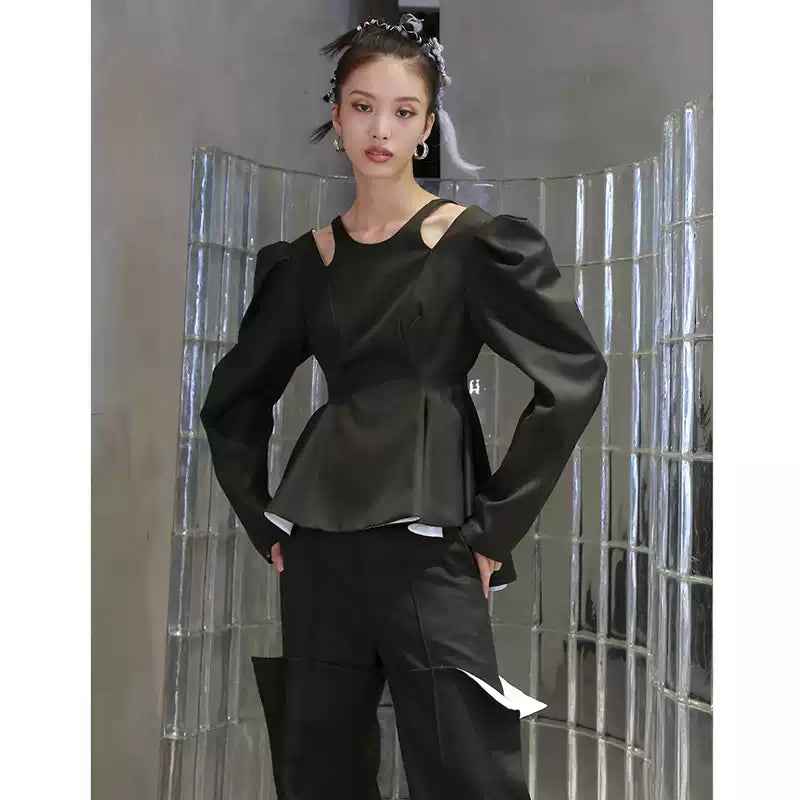 Women's Puff-Sleeve Backless Lace-Up Waist-Cinching Jacket — Dark Green, S–L