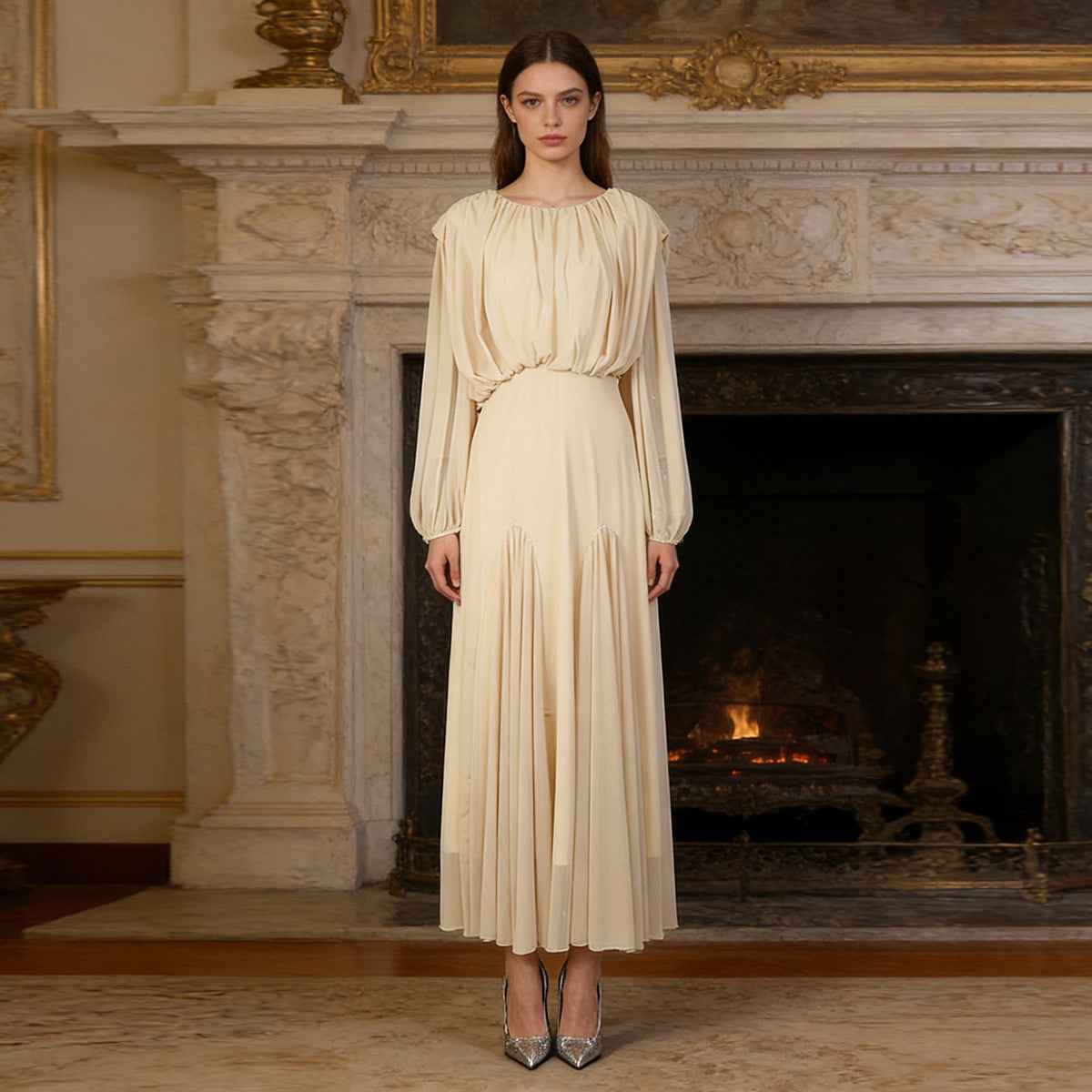 High-Waist Long-Sleeve Pleated Loose A-Line Floor-Length Maxi Dress