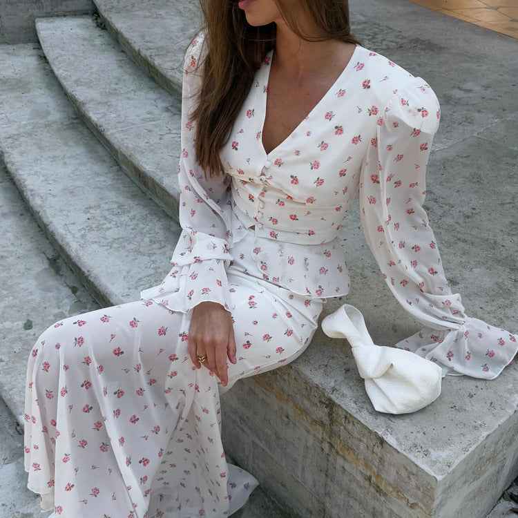 White Floral Print Peplum Top & Mermaid Maxi Skirt Set